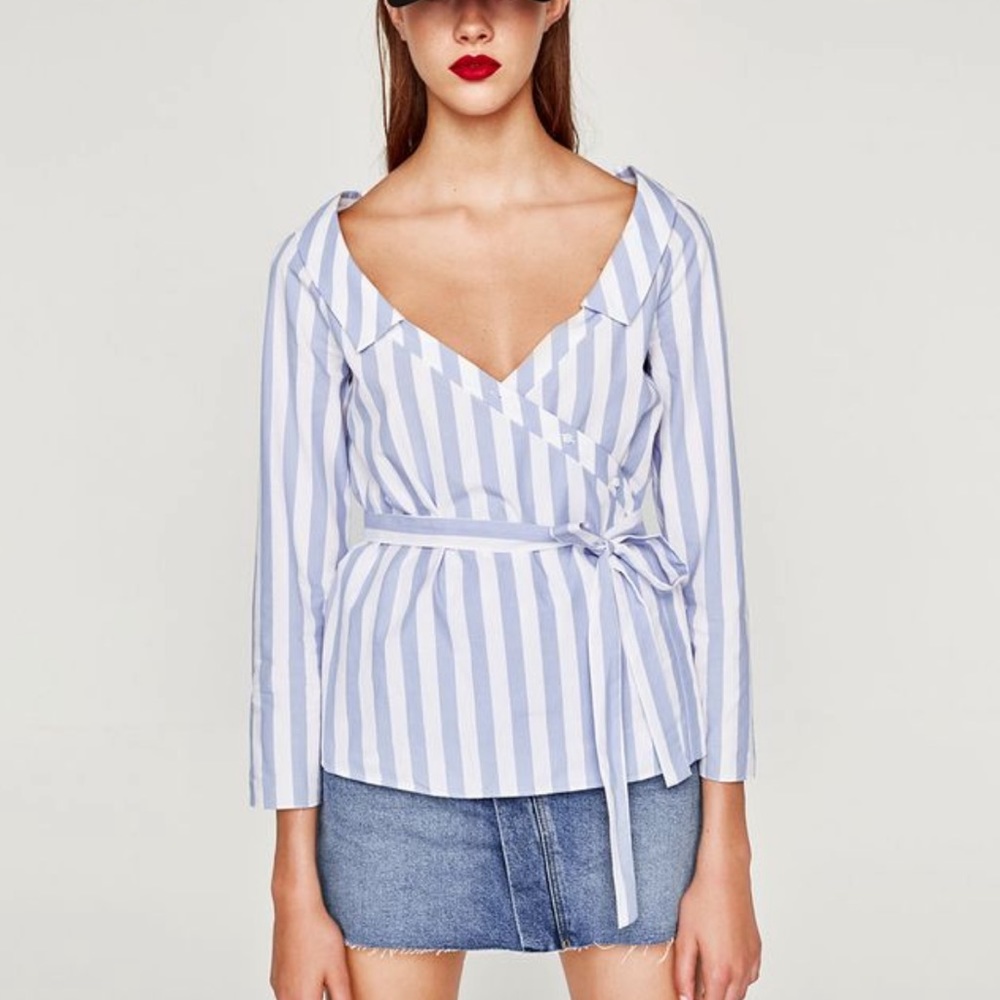 Zara blue and white wrapped strip shirt